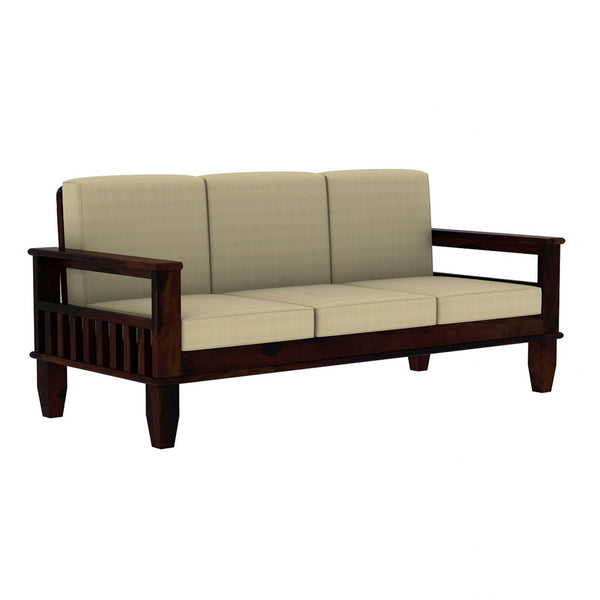 Madhavi 3+2+1 Seater Wooden Sofa (Creame Colour, Walnut Finish)