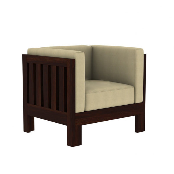 Prashiv 3+1+1 Seater Wooden Sofa (Creame Colour, Walnut Finish)