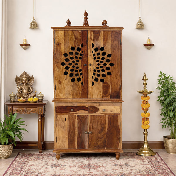 Tnesh Sheesham Wood Prayer Unit in Teak Finish