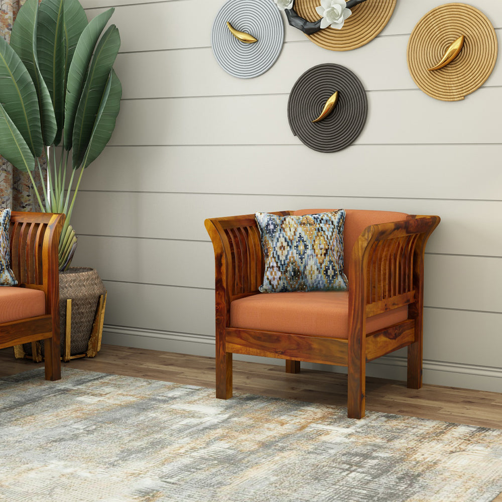 Haveli 3+1+1 Seater Wooden Sofa (Orange Colour, Teak Finish)