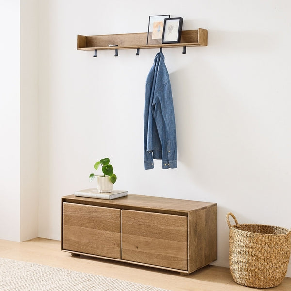 Reggie Solid Mango Wood Wall Shelf with 5 Hooks