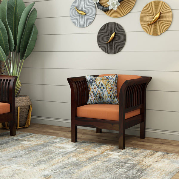 Haveli 3+1+1 Seater Wooden Sofa (Orange Colour, Walnut Finish)