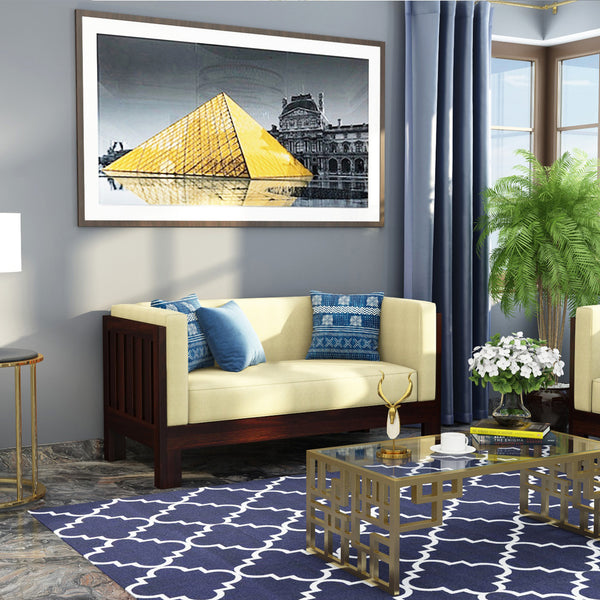 Prashiv 3+2 Seater Wooden Sofa (Creame Colour, Walnut Finish)