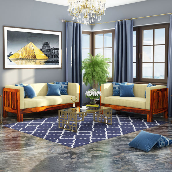 Prashiv 3+2 Seater Wooden Sofa (Creame Colour, Honey Finish)