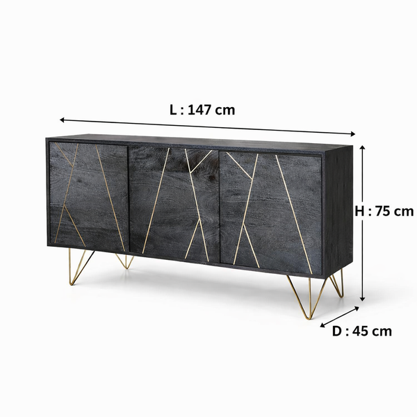 Calico Solid Mango Wood Sideboard with 3 Door in Rustc Black Finish
