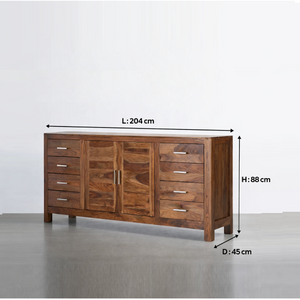Rossen Solid Sheesham Wood Sideboard with 2 Door 8 Drawer in Provincial Teak Finish