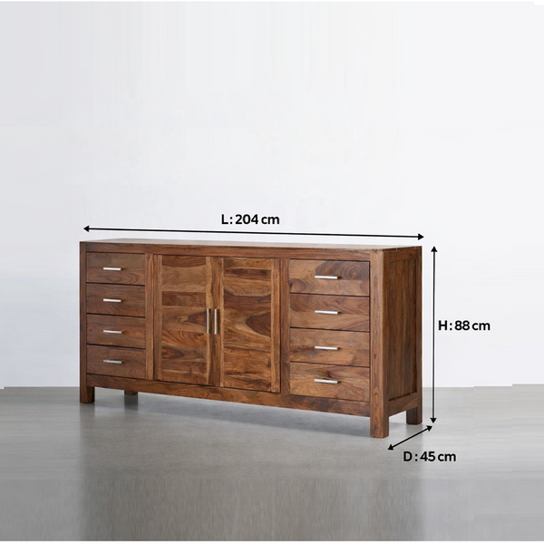 Rossen Solid Sheesham Wood Sideboard with 2 Door 8 Drawer in Provincial Teak Finish