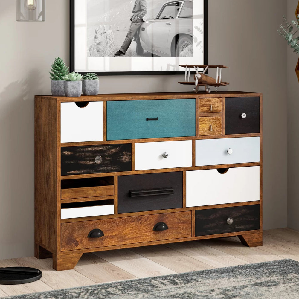 Wonderland Solid Mango Wood Chest of Drawer With Multicolor Drawer in Natural Finish