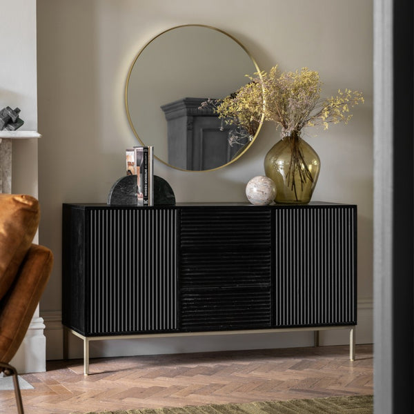 Archer Solid Mango wood Sideboard with 3 Door in Dark Finish with Metal Base