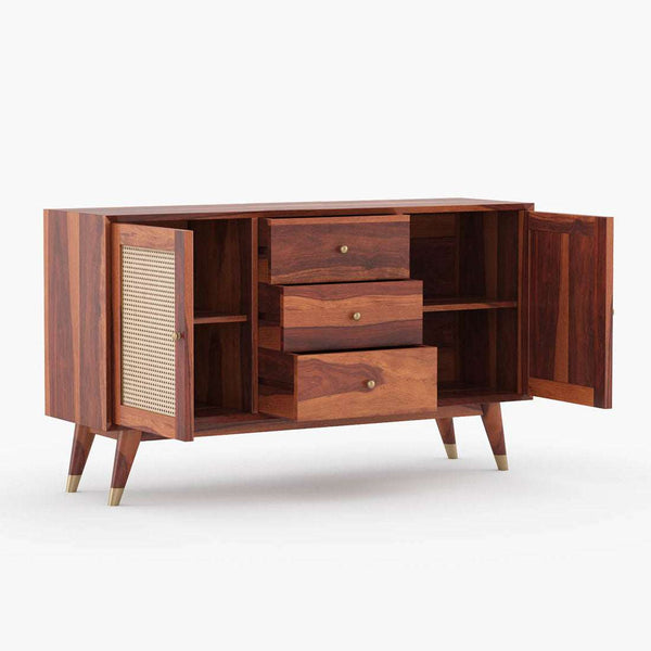 Rattan Sheesham Wood Sideboard In Honey Oak Finish