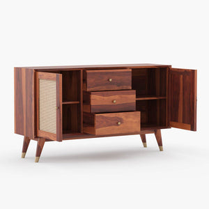 Rattan Sheesham Wood Sideboard In Honey Oak Finish
