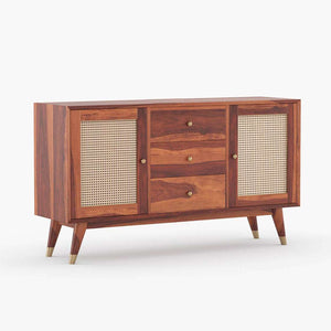 Rattan Sheesham Wood Sideboard In Honey Oak Finish