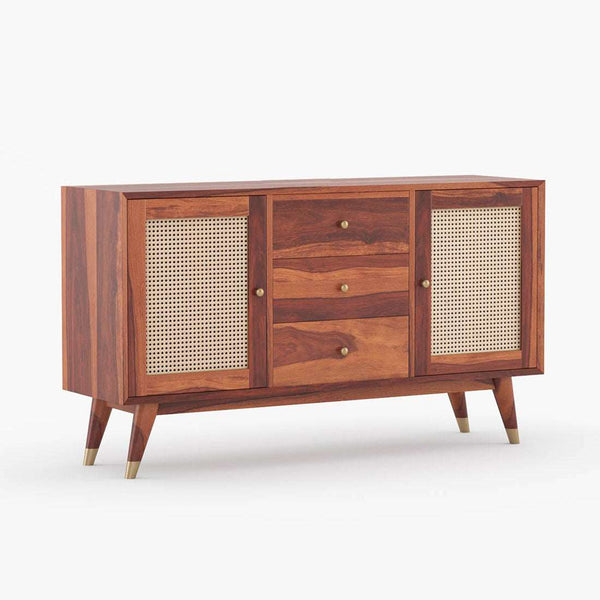 Rattan Sheesham Wood Sideboard In Honey Oak Finish