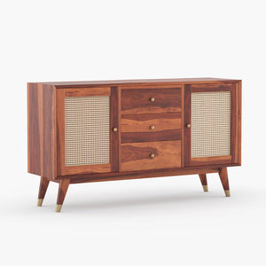 Rattan Sheesham Wood Sideboard In Honey Oak Finish
