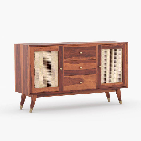 Rattan Sheesham Wood Sideboard In Honey Oak Finish