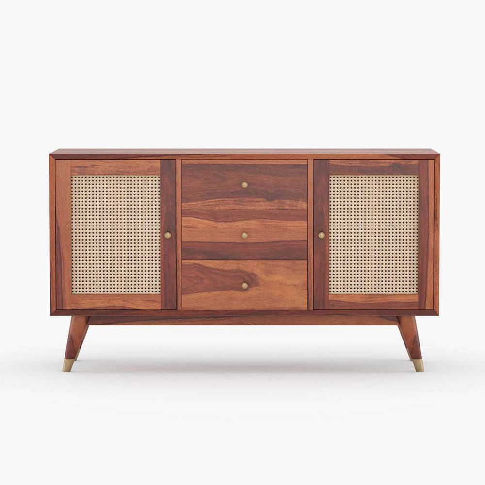 Rattan Sheesham Wood Sideboard In Honey Oak Finish