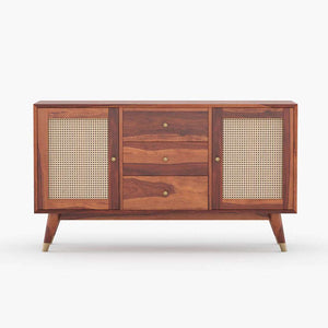 Rattan Sheesham Wood Sideboard In Honey Oak Finish