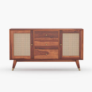 Rattan Sheesham Wood Sideboard In Honey Oak Finish