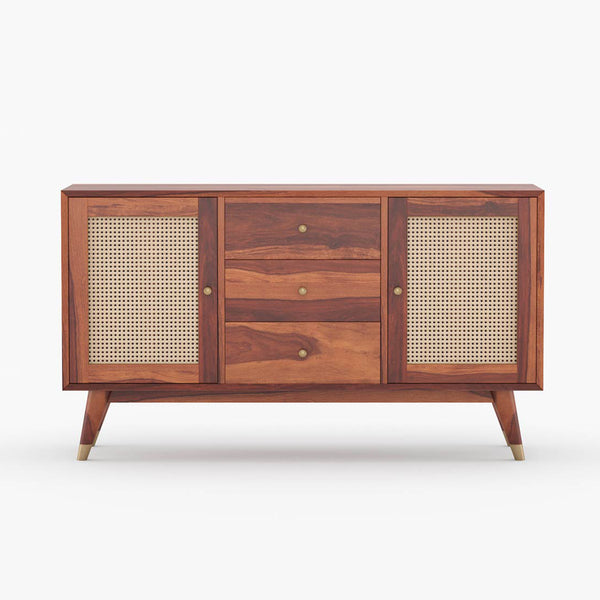 Rattan Sheesham Wood Sideboard In Honey Oak Finish