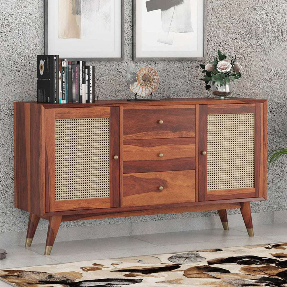 Rattan Sheesham Wood Sideboard In Honey Oak Finish