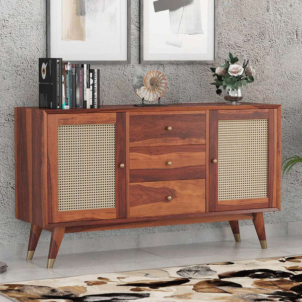 Rattan Sheesham Wood Sideboard In Honey Oak Finish