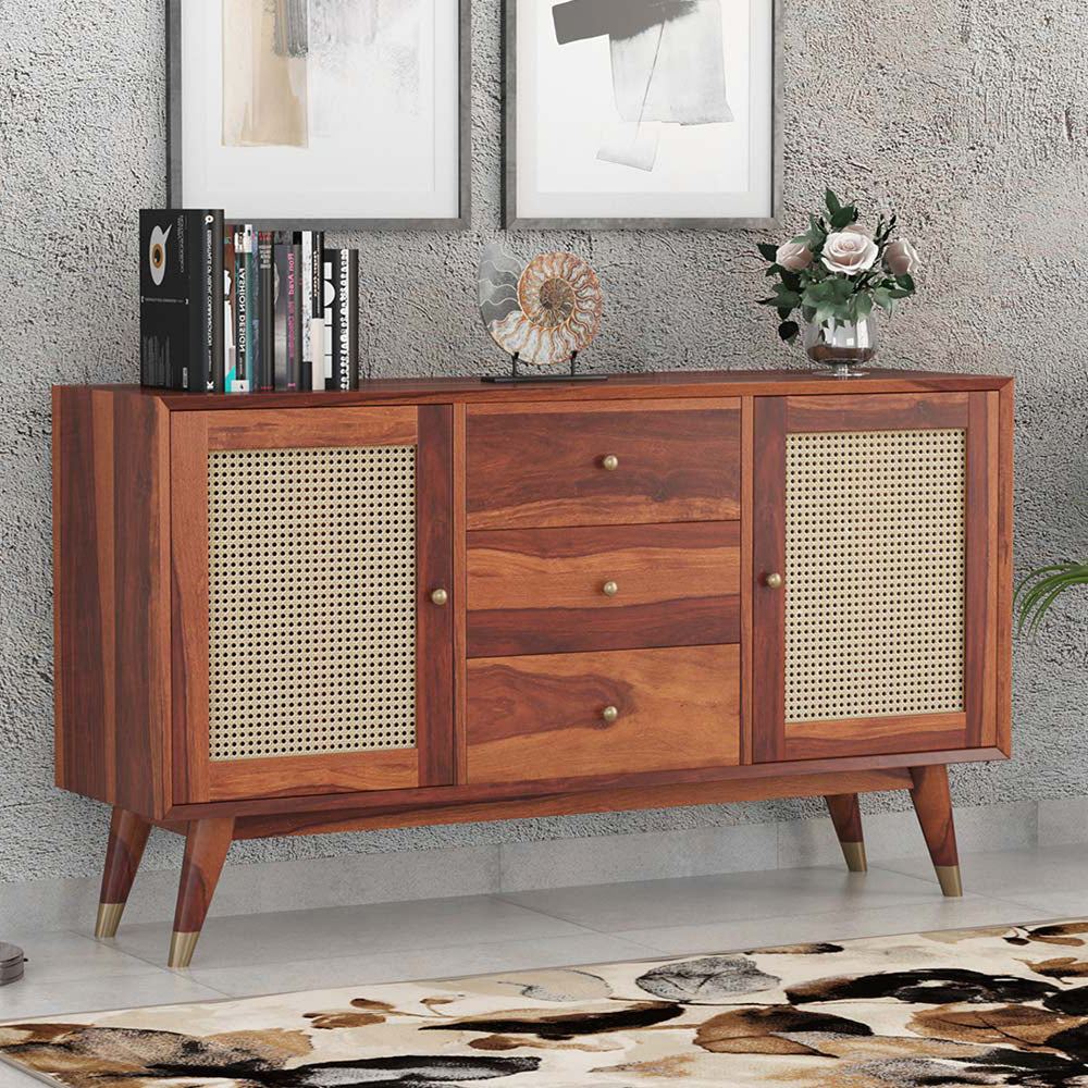 Rattan Sheesham Wood Sideboard In Honey Oak Finish