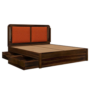 Lotus Sheesham Wood Queen Size Bed In Provincial Teak Finish With Drawer Storage (60 x 78 inches)