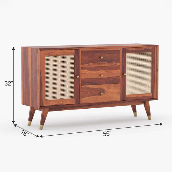Rattan Sheesham Wood Sideboard In Honey Oak Finish