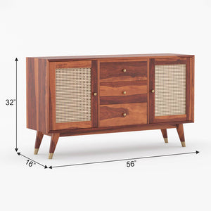 Rattan Sheesham Wood Sideboard In Honey Oak Finish