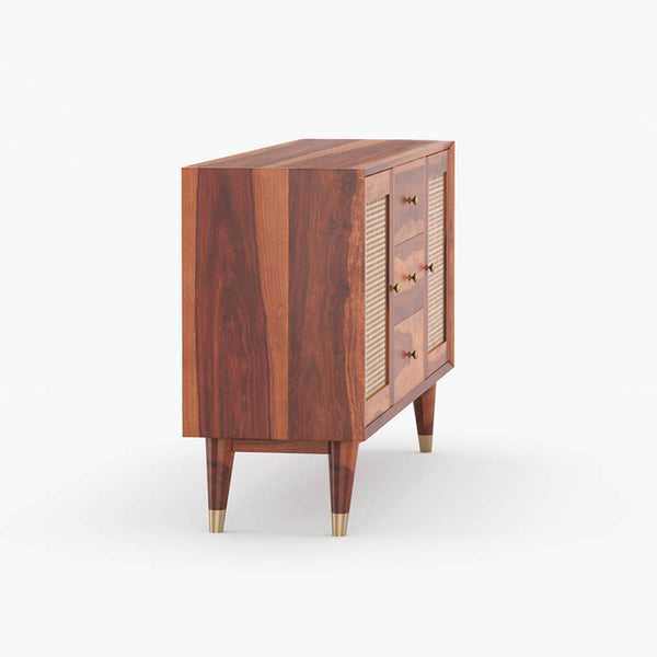 Rattan Sheesham Wood Sideboard In Honey Oak Finish
