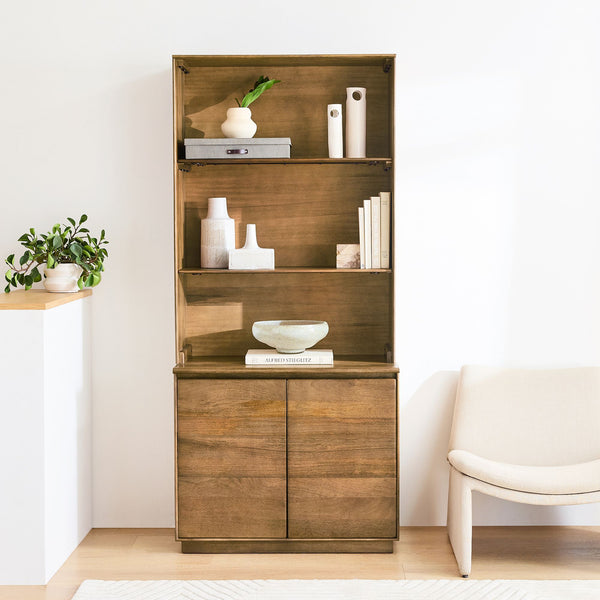 Reggie Solid Mango Wood Cabinet with Two Door with open shelves in Provincial teak Finish