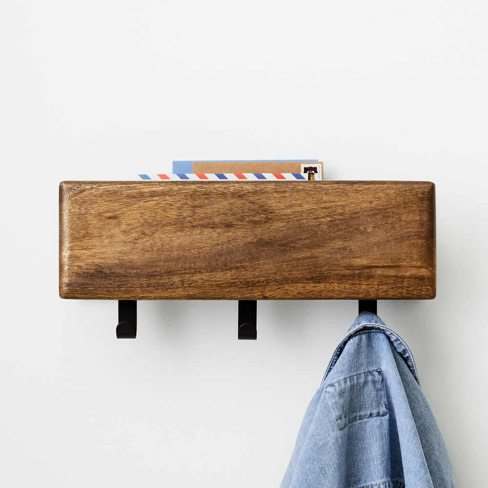 Reggie Solid Mango Wood Wall Shelf with 3 Hooks