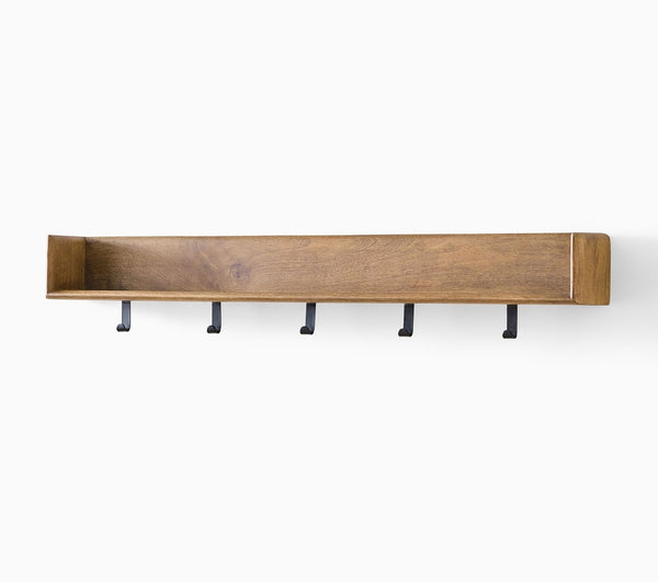 Reggie Solid Mango Wood Wall Shelf with 5 Hooks