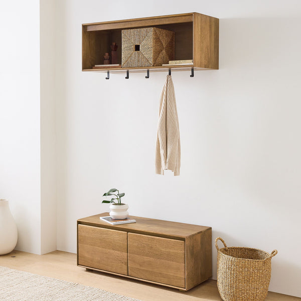 Reggie Solid Mango Wood Wall Shelf with 5 Hooks