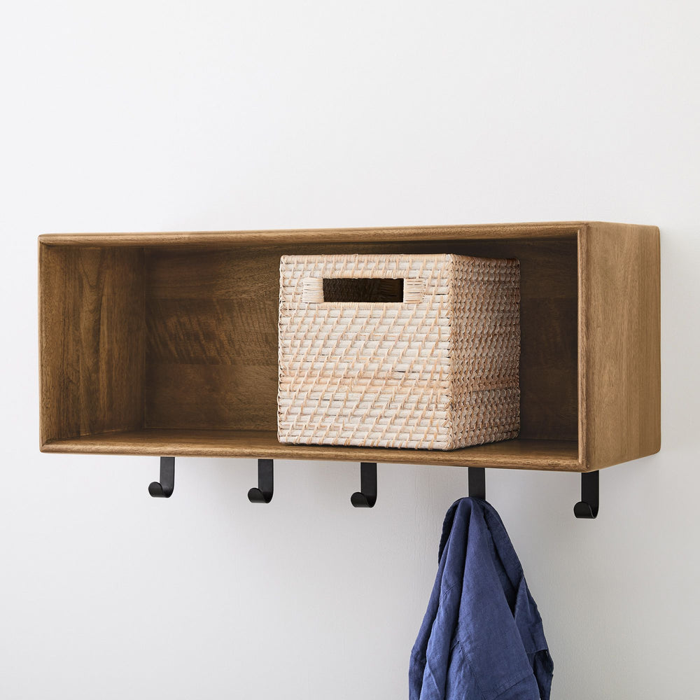 Solid Mango Wood Reggie Wall shelf with stoage & hook in Provincial Teak Finish