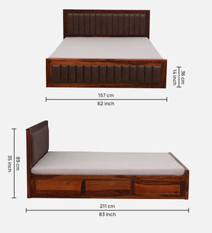 Dijon Sheesham Wood Queen Size Bed in Honey Oak Finish With Box Storage