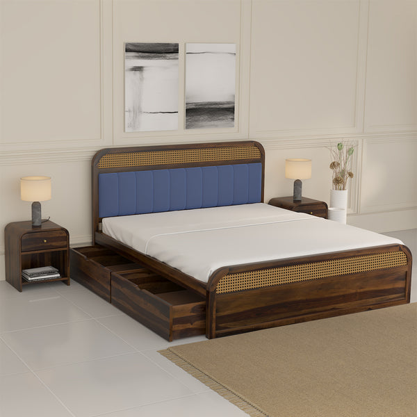 Yashvi Solid Wood King Size Side drawer Storage Bed In Provincial Teak Finish ( Blue) (72 - 78 inch)