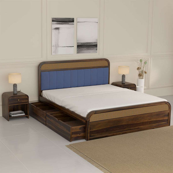 Yashvi Solid Wood Queen Size Side drawer Storage Bed In Provincial Teak Finish ( Blue) (60 - 78 inch)