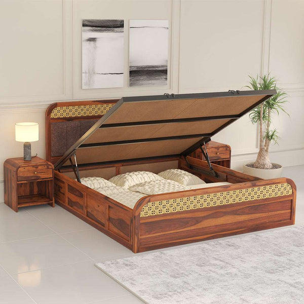 Yashvi Solid Wood Queen Size Hydrulic Storage Bed In Honey Oak Finish (Brown) (60 - 78 inch)