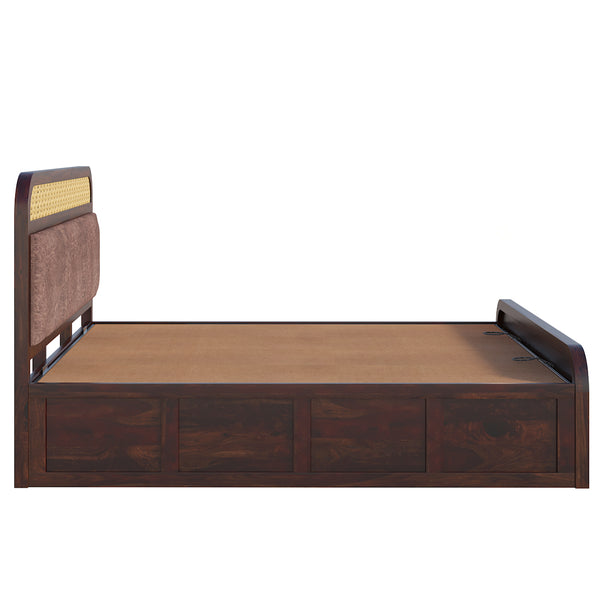 Floral Solid Wood King Size Hydrulic Storage Bed In Walnut Finish (Brown) (72 - 78 inch)