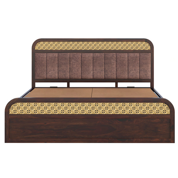 Floral Solid Wood King Size Hydrulic Storage Bed In Walnut Finish (Brown) (72 - 78 inch)