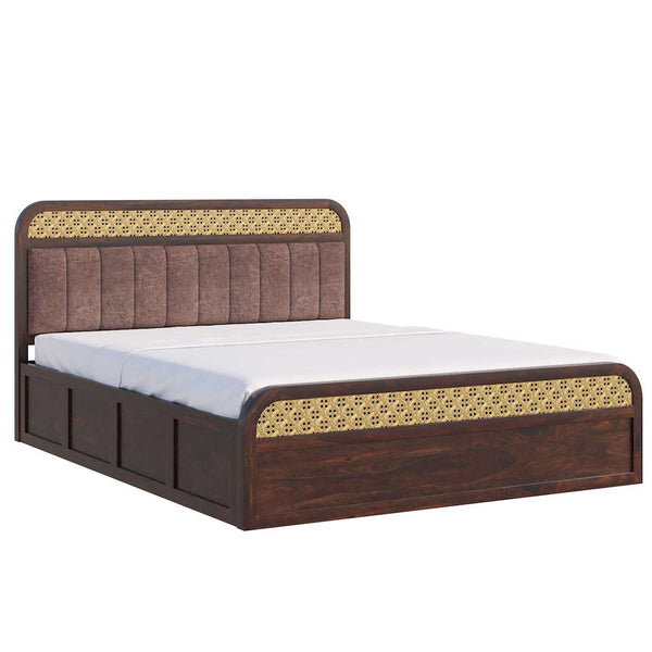 Floral Solid Wood Queen Size Hydrulic Storage Bed In Walnut Finish (Brown) (60 - 78 inch)