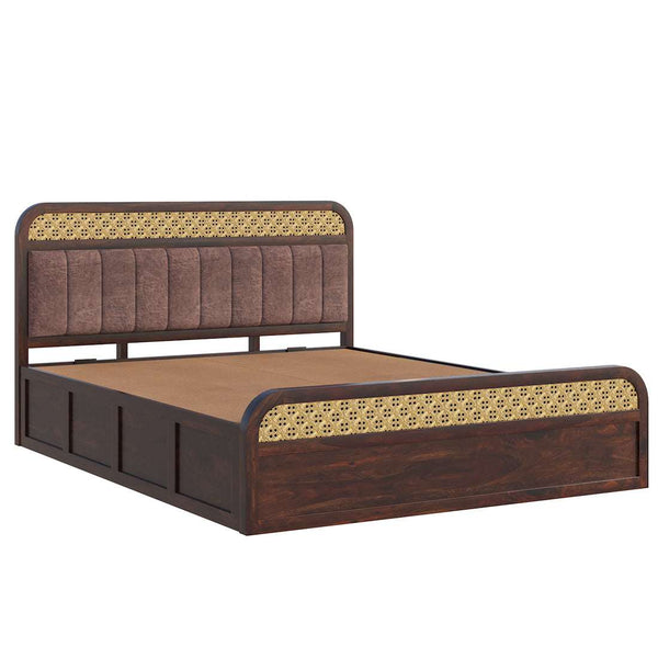Floral Solid Wood Queen Size Hydrulic Storage Bed In Walnut Finish (Brown) (60 - 78 inch)