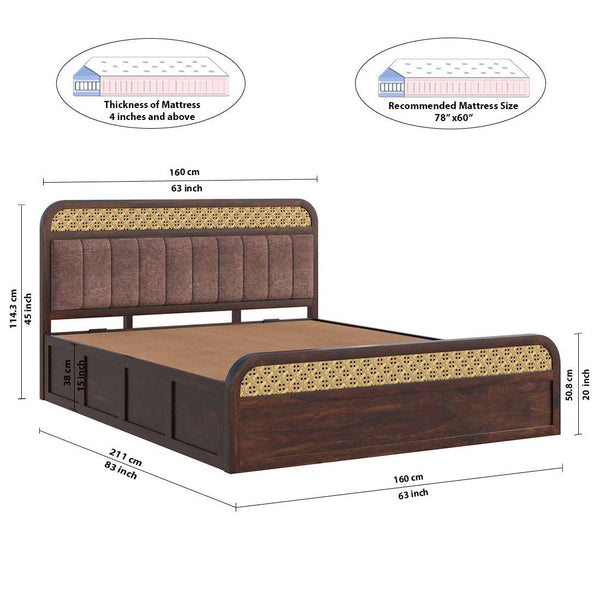 Floral Solid Wood Queen Size Hydrulic Storage Bed In Walnut Finish (Brown) (60 - 78 inch)