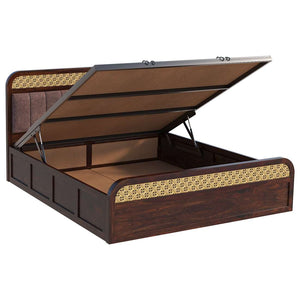 Floral Solid Wood Queen Size Hydrulic Storage Bed In Walnut Finish (Brown) (60 - 78 inch)