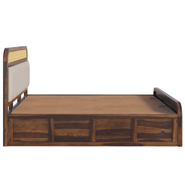 Floral Solid Wood King Size Hydrulic Storage Bed In Provincial Teak Finish (Beige) (72 - 78 inch)