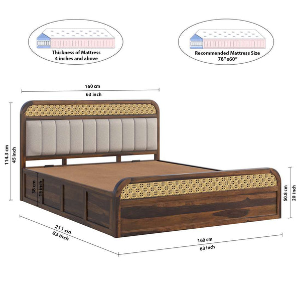 Floral Solid Wood Queen Size Hydrulic Storage Bed In Provincial Teak Finish (Beige) (60 - 78 inch)