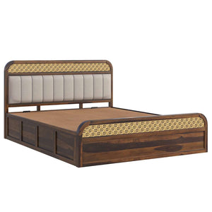 Floral Solid Wood Queen Size Hydrulic Storage Bed In Provincial Teak Finish (Beige) (60 - 78 inch)