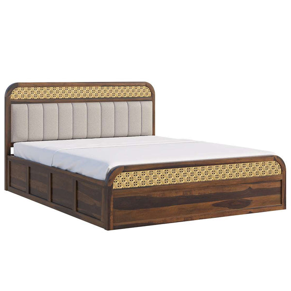 Floral Solid Wood Queen Size Hydrulic Storage Bed In Provincial Teak Finish (Beige) (60 - 78 inch)