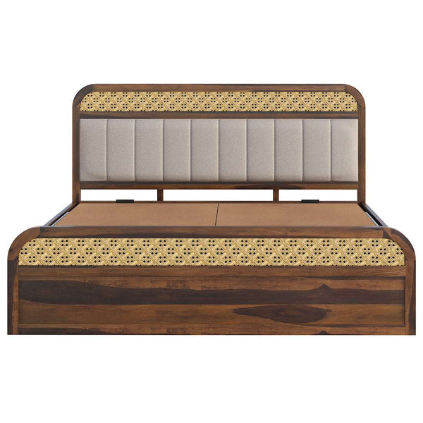 Floral Solid Wood Queen Size Hydrulic Storage Bed In Provincial Teak Finish (Beige) (60 - 78 inch)